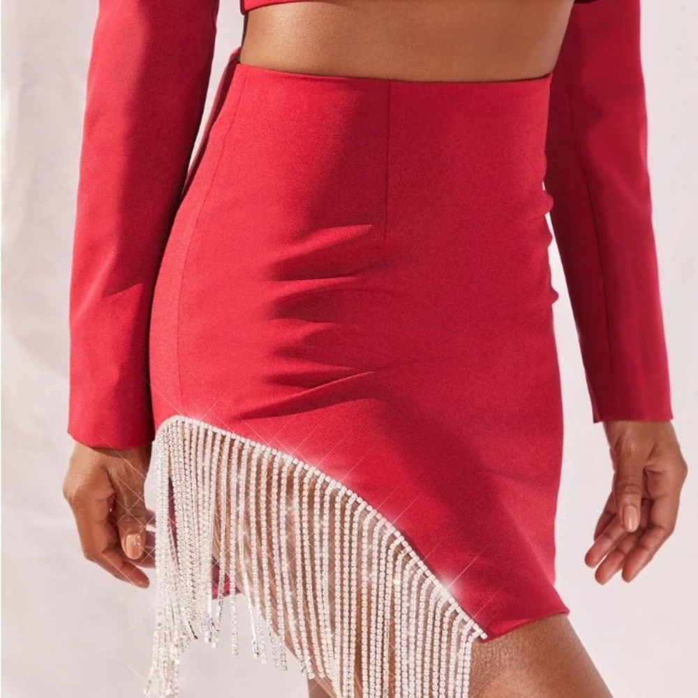 Oh Polly Red Mini Skirt with Fringe Size US 2